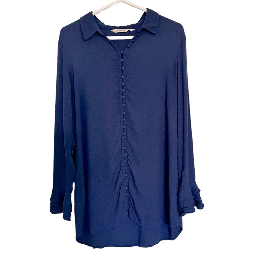 SOFT SURROUNDINGS Poet Long Sleeve Blouse blue sz med front buttons ruffle cuff